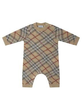 Burberry Tan Beige Plaid Knit Baby Romper